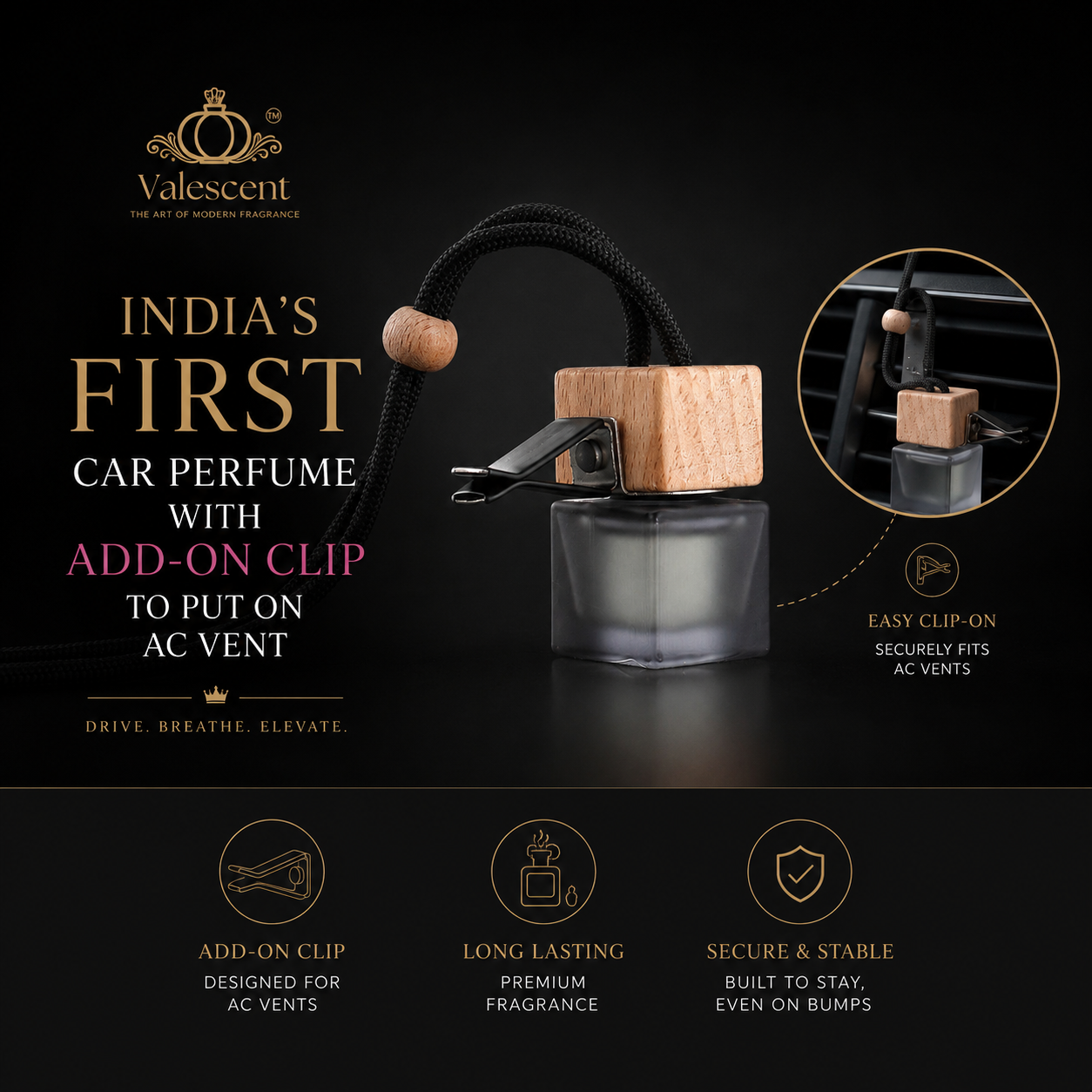 Valescent Abian Oud Premium Car Perfume | 2-in-1 Hanging & AC Vent | Luxury Oud Fragrance | Long Lasting | 8ML
